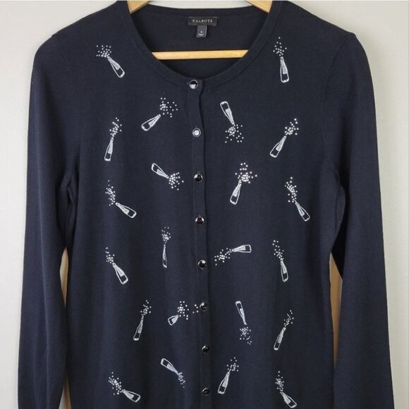 Talbots charming cardigan champagne bottles black S - Picture 3 of 10